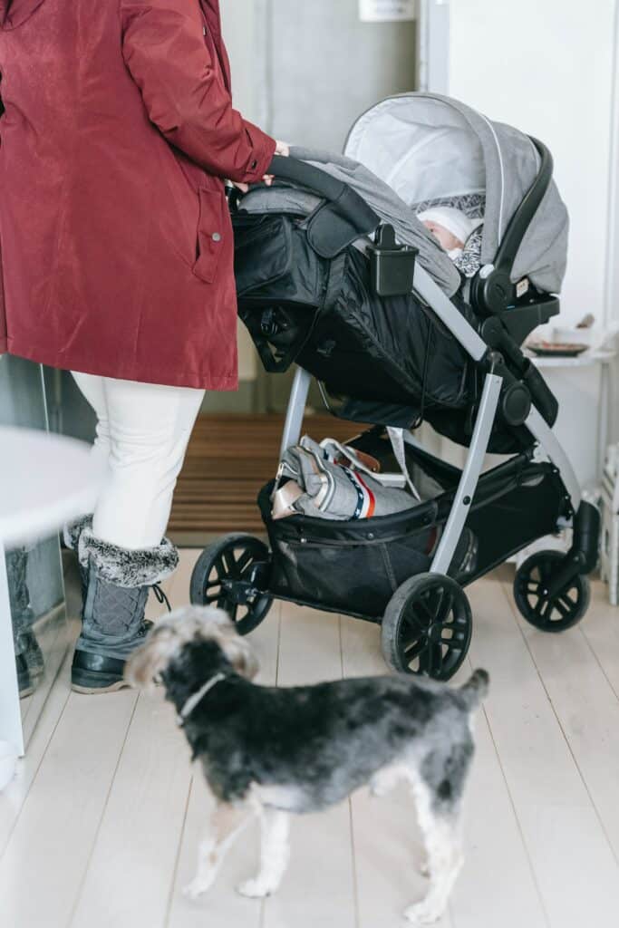 Parent prepares to push infant in a stroller in cold weather