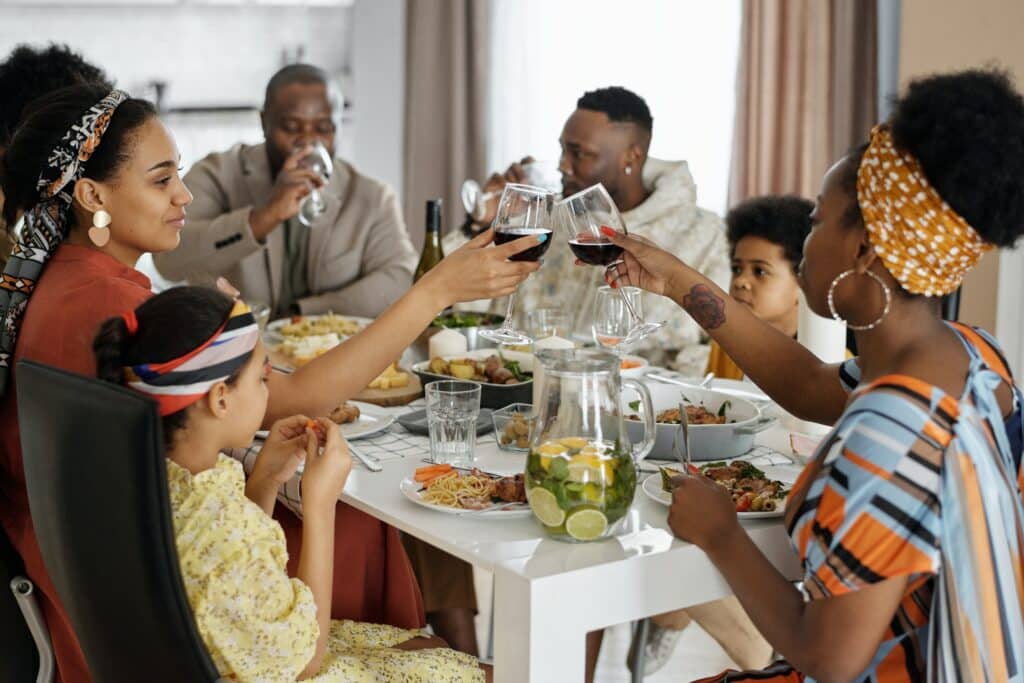 Large family gathering at dinner table