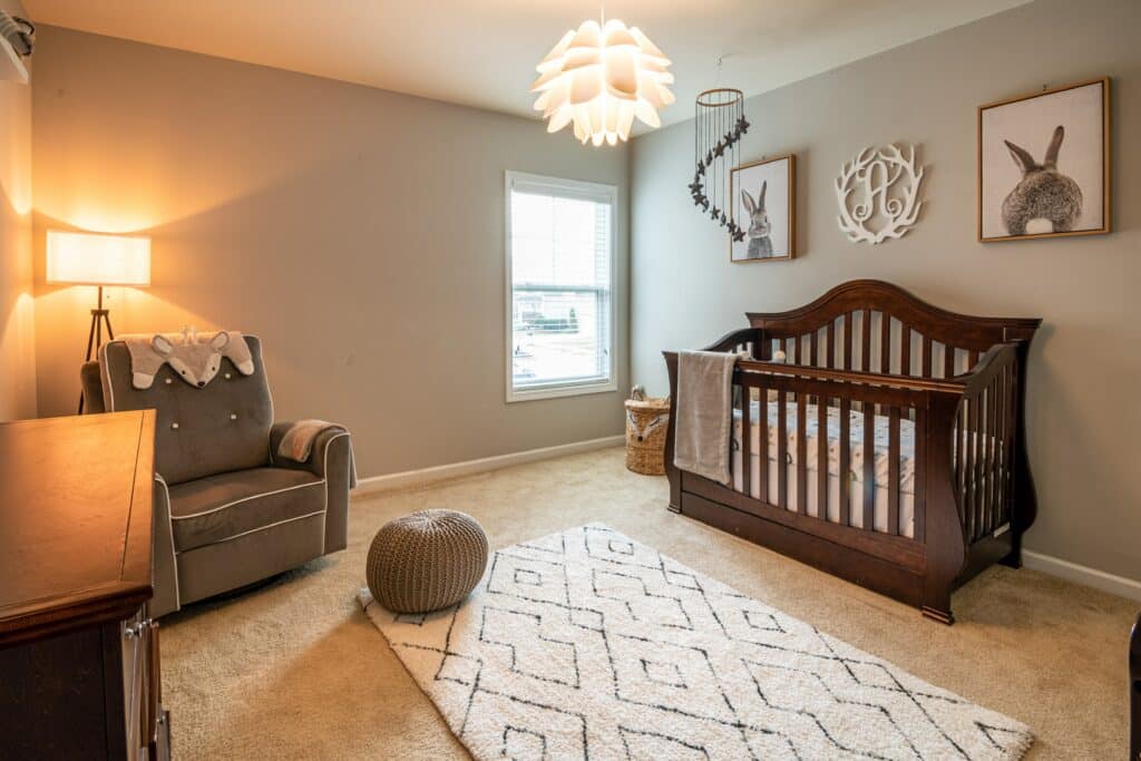 Baby nursery with wooden crib