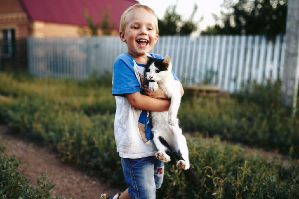 Toddler carrying cat in the yard