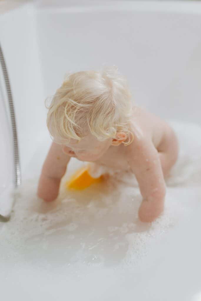 Use non-toxic soap formulated for babies in case your baby drinks the bath water