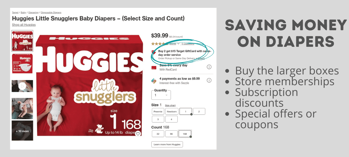 Find the best deal on diapers by buying larger boxes to decrease the per-unit cost, taking advantage of store memberships, setting up a recurring subscription, and watching for special offers or coupons.